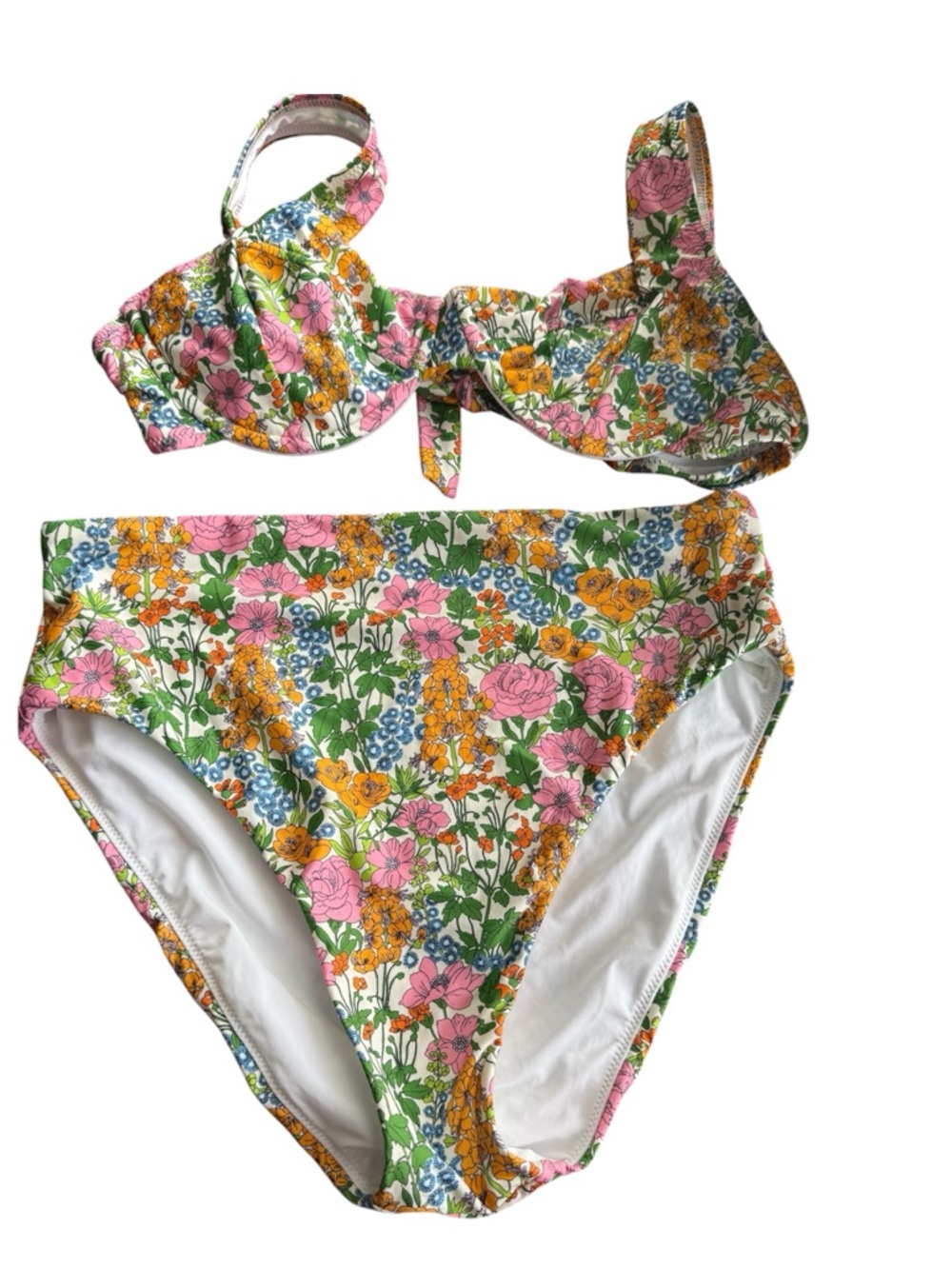 J. Crew Floral Bikini Pink Yellow Green White High Rise Underwire Retro Women